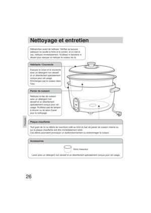 Page 2626
Français
Nettoyage et entretien
Débranchez avant de nettoyer. Véri ez qu’aucune
salissure ne souille la  che et le cordon, et si c’est le
cas, nettoyez immédiatement. N’utilisez ni benzène ni
diluant pour essuyer et nettoyer le cuiseur de riz.
Habitacle / Couvercle
Essuyez le corps et le couvercle
avec un détergent non abrasif
et un désinfectant spécialement
conçus pour cet usage.
N’immergez pas le cuiseur dans 
l’eau.
Panier de cuisson
Nettoyez le bac de cuisson
avec un détergent non
abrasif et un...