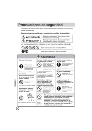 Page 3030
Español
Este signo quiere decir acción prohibida.
Este signo quiere decir acción necesaria.
Advertencia :Este signo quiere decir [Que pueden haber
daños serios o la muerte]
Precaución :Este signo quiere decir [Que pueden haber
daños serios o mal funcionamiento]
Este manual de instrucciones ofrece instrucciones de funcionamiento y precauciones 
para el uso adecuado.
Advertencia y precaución para importantes medidas de seguridad.
Precauciones de seguridad
Las muestras de símbolos utilizados en este...