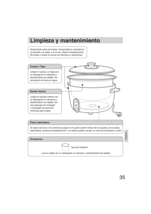 Page 3535
Español
Limpieza y mantenimiento
Desenchufe antes de limpiar. Compruebe la suciedad en 
el enchufe y el cable, y si es así, limpie inmediatamente. 
No limpie o limpie la cocina con benceno o disolventes.
Cuerpo / Tapa
Limpie el cuerpo y la tapa con 
un detergente no abrasivo y 
desinfectante de calidad. No 
sumerja la arrocera en agua.
Sartén interior
Limpie la cazuela interior con 
un detergente no abrasivo y 
desinfectante de calidad. No 
use esponjas de restregar 
o estropajos de aluminio 
comunes...