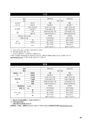 Page 4746


SR-LE10 SR-LE18
120 V AC
590 835
84 (26*
1) 95 (28*1)
0.18~1.0 (1~5.5) 0.54~1.8 (3~10)
0.18~0.54 (1~3) 0.54~1.08 (3~6)
0.09~0.27 (0.5~1.5) 0.18~0.54 (1~3)
0.09~0.18 (0.5~1) 0.09~0.36 (0.5~2)
0.9 (3) 0.9 (3)
2.7 (5.9 lbs.) 3.4 (7.5 lbs)
23.4 (9.2”) 26.3 (10.4”)
32.1 (12.6”) 35.1 (13.8”)
20.1 (7.9”) 23.2 (9.1”)
39.6*
2 (15.6”*2 ) 45.2*2 (17.8”*2)
 ! 
t 
 
 
 




  !======ã=EÑíF
 ====âÖ
 
Åã  !
i
 
*1: !"#$%&'( OM68˚F
*2: !"#$%
•...