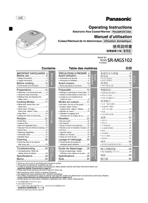 Page 1IMPORTANT SAFEGUARDS ..3Before use ............................................6ü Safety Precautions ..................................... 6ü Usage Precautions ................................... 12
Before cooking  
 .............................13ü Parts Names and Functions .................. 13
Preparations  
 ....................................15ü Attaching or removing each part .......... 15ü Using the water level scale .................... 15ü Washing Rice and Adjusting the  
W
ater Level...