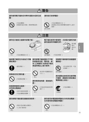 Page 1111
 警告
 注意
拔插頭時請抓住插頭，
切勿抓住電線拔。
(並抓住插座拔插頭。)
(可造成觸電或電擊。)
將內鍋取出前或未在使用電
子鍋時，請確保已將設備從
電源插座上拔出。
確保電子鍋完全冷卻後方可觸
摸或清洗。
(避免燙傷。)
移動電子鍋時請勿按鍋蓋開
關按鈕。
(若外蓋被打開，可造
成燙傷。)
請勿將電子鍋放置在牆邊或傢俱旁。
(蒸氣可造成變色或變形)
小心電子鍋蒸氣。
請勿使用本電器隨附電線以外的其他電線，
也勿使用其他電器的電線。
(可造成觸電或火災。)
拔插頭(可造成觸電。)
請勿在水邊或火邊操作該電子鍋。
(可造成觸電或火災。)
電子鍋在使用中會發熱，尤其是内蓋和內鍋。
請勿直接用手觸摸它們。
(可造成燙傷。)請勿觸摸。
請勿觸
摸内
蓋及內
鍋。
請勿將其他的鍋、壺放進內
鍋。
(可造成更高溫度而燙
傷手。) (使用時可能翻倒造成
火災。)
請勿將電子鍋放置在不平穩
的表面或毛毯、電毛毯、桌
布 (乙烯塑料) 或其他不能抗
高溫的物品上進行使用。
使用前
禁止
禁止
請勿觸摸。
禁止
禁止禁止
請勿使用電子鍋的任何零件浸濕水或其它液
體。
(可造成觸電)
當電器有漏水現象，...