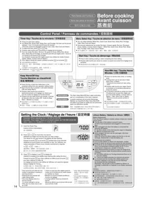 Page 1414
Control Panel / Panneau de commandes / 控制面板
Timer Key / Touche de la minuterie / 定時器按鈕
● Press it to start timer setting.● For White Rice, Brown Rice, Sticky Rice, and Porridge, the timer can be pre-set 
between 1 hour 10 minutes and 23 hours 50 minutes.  
(The timer cannot be adjustable in Quick Cook, Cake, Slow Cook and Steam.)
● To adjust the time, press  or  key.● Pressez cette touche pour commencer le réglage de la minuterie.● Pour les modes Riz blanc, Riz brun, Riz gluant et Gruau (White Rice,...