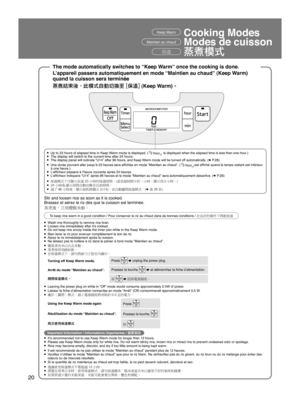 Page 2020
● Up to 23 hours of elapsed time in Keep Warm mode is displayed. ( 0 hour  is displayed when the elapsed time is less than one hour.)● The display will switch to the current time after 24 hours.● The display panel will indicate “U14” after 96 hours, and Keep Warm mode will be turned off automatically. (∆ P.28)● Une durée pouvant aller jusqu’à 23 heures sera afﬁchée en mode “Maintien au chaud”. ( 0 hour est afﬁché quand le temps restant est inférieur 
à une heure.)
● L’afﬁcheur passera à l’heure...