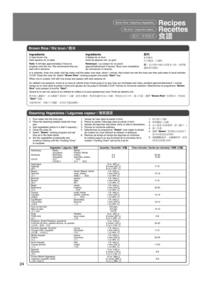 Page 2424
糙米 / 清蒸蔬菜
Recipes
Recettes
食譜Brown Rice / Steaming Vegetables
Riz brun / Légumes vapeur
Brown Rice / Riz brun / 糙米
Ingredients 
3 cups brown rice
Dark sesame oil, to taste 
Note: It will take approximately 2 hours to 
properly cook the rice. W
 e recommend that you 
start will in advance.
In a colander

, rinse rice under cold tap water until the water runs clear, about 1 minute. Add rinsed rice into the inner pan then add water to level indicator 
3 CUP. Close the outer lid. Select  “Brown Rice”...