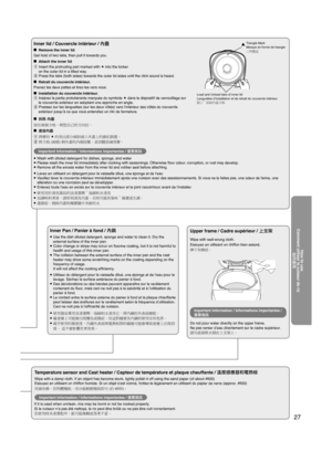 Page 2727
Important Information / Informations importantes / 
重要資訊
Inner Pan / Panier à fond / 內鍋● Use the dish diluted detergent, sponge and water to clean it. Dry the 
external surface of the inner pan.
● Color change or stripe may occur on ﬂuorine coating, but it is not harmful to 
health and usage of this inner pan.
● The collision between the external surface of the inner pan and the cast 
heater may show some scratching marks on the coating depending on the 
frequency of usage.
 

It will not affect the...