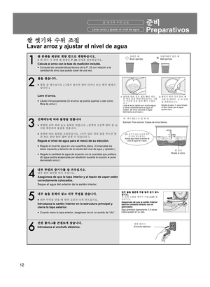 Page 1212
1
쌀 분량을 제공된 계량 컵으로 계량하십시오.● 회 취사 시 최대 쌀 분량은 P. 25 규격을 참조하십시오.
Calcule el arroz con la taza de medición incluida.● Consulte las características técnica de la P. 25 con relación a la 
cantidad de arroz que pueda cocer de una vez.
올바른 예
Buen ejemplo 바람직하지 않은 예
Mal ejemplo
2
쌀을 씻습니다.
● 쌀을 잘 씻으십시오 (그렇지 않으면 밥이 타거나 또는 쌀겨 냄새가 
납니다.)
Lave el arroz.
● Lávelo minuciosamente (O el arroz se podría quemar u oler como 
ﬁbra de arroz.)
1 충분한 양의 물로 쌀을 빨리 씻은 
후 바로 물을 따라 버리십시오. (쌀
이 처음에 물을 쉽게 빨아 드립니
다.)
 
Lave el arroz...