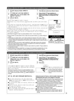 Page 1515
사용전
Antes de usarlo
사용법
Cómo utilizarlo
문제가 있을 경우Cuando tenga problemas
[Cake] (케이크) 모드로 케이크 굽기 / Hornear pasteles en modo [Cake] (Pastel)
[Steam] 
(스팀)모드로 찜 요리하기 / 
Cocer comida al vapor en modo [Steam] (Vapor) 
모델
Modelo물량 (컵)Cantidad de agua (taza)
SR-MGS102 3컵 (약 
540 ml.)3 tazas (aprox. 540 ml.)
찜 채반 (액세서리)
Cesta de vapor (accesorio)
●  시간은 1분에서 60분까지 설정할 수 있습니다.
● 
 버튼을 누르고 시간을 맞추십시오.   버튼을 한번 누를 때마다 1분씩 시간이 바뀝니
다.
●  우측 표에서 보는 것처럼 내부 솥에 물을 부으십시오. 그렇게 하면 최대 시간( 60분)으로 설
정해도 물이 모두 증발되지 않고 남아...