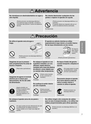 Page 77
Antes de usarlo
사용법
Cómo utilizarlo
문제가 있을 경우Cuando tenga problemas
Asegúrese de agarrar el enchufe 
eléctrico por sí mismo para 
desconectarlo. No tire del cable 
de alimentación.
(Agarre también con 
ﬁrmeza el aparato antes 
de desenchufarlo.)
(Podría provocar una 
descarga eléctrica o un 
incendio.)
Desconecte siempre el aparato 
de la toma eléctrica antes de 
retirar la sartén interior o
cuando no utilice el aparato.
Asegúrese de que la arrocera 
esté completamente fría antes de 
tocarla o...