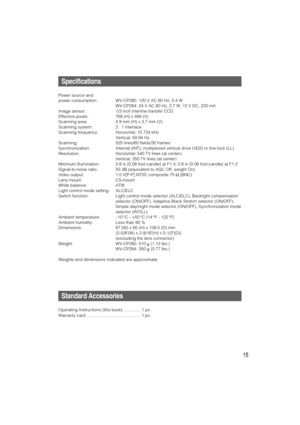 Page 1515
Specifications
Power source and 
power consumption: WV-CP280: 120 V AC 60 Hz, 3.4 W
WV-CP284: 24 V AC 60 Hz, 2.7 W, 12 V DC, 220 mA
Image sensor: 1/3 inch interline transfer CCD
Effective pixels: 768 (H) x 494 (V)
Scanning area: 4.9 mm (H) x 3.7 mm (V)
Scanning system: 2 : 1 interlace
Scanning frequency: Horizontal: 15.734 kHz
Vertical: 59.94 Hz
Scanning: 525 lines/60 fields/30 frames
Synchronization: Internal (INT), multiplexed vertical drive (VD2) or line-lock (LL)
Resolution: Horizontal: 540 TV...