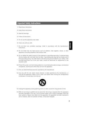 Page 33
Important Safety Instructions
1) Read these instructions.
2) Keep these instructions.
3) Heed all warnings.
4) Follow all instructions.
5) Do not use this apparatus near water.
6) Clean only with dry cloth.
7) Do not block any ventilation openings. Install in accordance with the manufacturers
instructions.
8) Do not install near any heat sources such as radiators, heat registers, stoves, or other
apparatus (including amplifiers) that produce heat.
9) Do not defeat the safety purpose of the polarized or...