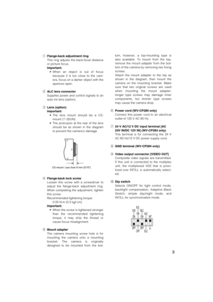 Page 99
qFlange-back adjustment ring
This ring adjusts the back-focal distance
or picture focus.
Important:
• When an object is out of focus
because it is too close to the cam-
era, focus on a darker object with the
aperture open.
wALC lens connector
Supplies power and control signals to an
auto iris lens (option).
eLens (option)
Important:
• The lens mount should be a CS-
mount (1-32UN).
• The protrusion at the rear of the lens
should be as shown in the diagram
to prevent the cameras damage.
rFlange-back lock...