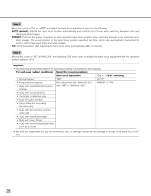 Page 2828
Step 3
Move the cursor to "C/L ← → B/W" and select the back focus adjustment type from the following: 
AUTO  (default):  Adjusts  the  back  focus  function  automatically  and  corrects  out  of  focus  when  switching  between  color  and  black-and-white images. 
PRESET:  Performs  the  preset  movement  to  each  specified  back  focus  position  when  switching  between  color  and  black-and-
white  images.  The  preset  position  is  the  back  focus  position  specified  last  time,...