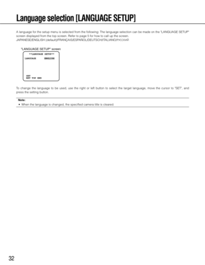 Page 3232
Language selection [LANGUAGE SETUP]
A language for the setup menu is selected from the following: The language selection can be made on the "LANGUAGE SETUP" 
screen displayed from the top screen. Refer to page 5 for how to call up the screen. 
JAPANESE/ENGLISH (default)/FRANÇAIS/ESPAÑOL/DEUTSCH/ITALIANO/РУССКИЙ
To  change  the  language  to  be  used,  use  the  right  or  left  button  to  select  the  target  language,  move  the  cursor  to  "SET",  and 
press the setting button....