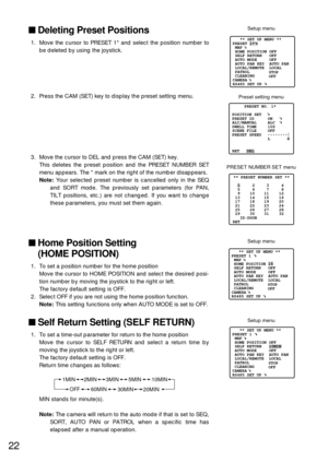 Page 2122
Deleting Preset Positions
1. Move the cursor to PRESET 1* and select the position number to
be deleted by using the joystick.
2. Press the CAM (SET) key to display the preset setting menu.
3. Move the cursor to DEL and press the CAM (SET) key.
This deletes the preset position and the PRESET NUMBER SET
menu appears. The * mark on the right of the number disappears.
Note:Your selected preset number is cancelled only in the SEQ
and SORT mode. The previously set parameters (for PAN,
TILT positions, etc.)...