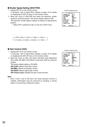 Page 3132
Shutter Speed Setting (SHUTTER)
1. Display SET UP on the monitor screen.
If necessary, refer to Setup Menu Display on page 16 for details
on displaying the SET UP menu on the monitor screen.
2. Move the cursor to SHUTTER and select the electronic shutter
speed by using the joystick. The factory default setting is OFF.
The electronic shutter speed changes as follows by operating the
joystick:
•When OFF is selected for BLC on the ALC CONT menu
Gain Control (AGC)
1. Display SET UP on the monitor...