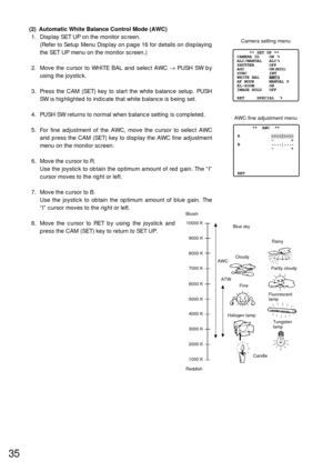 Page 3435
(2) Automatic White Balance Control Mode (AWC)
1. Display SET UP on the monitor screen.
(Refer to Setup Menu Display on page 16 for details on displaying
the SET UP menu on the monitor screen.)
2. Move the cursor to WHITE BAL and select AWC →PUSH SW by
using the joystick.
3. Press the CAM (SET) key to start the white balance setup. PUSH
SW is highlighted to indicate that white balance is being set.
4. PUSH SW returns to normal when balance setting is completed.
5. For fine adjustment of the AWC, move...