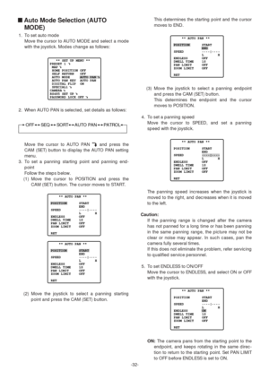 Page 32This determines the starting point and the cursor
moves to END.
(3) Move the joystick to select a panning endpoint
and press the CAM (SET) button.
This determines the endpoint and the cursor
moves to POSITION.
4. To set a panning speed
Move the cursor to SPEED, and set a panning
speed with the joystick.
The panning speed increases when the joystick is
moved to the right, and decreases when it is moved
to the left.
Caution:
If the panning range is changed after the camera
has not panned for a long time or...