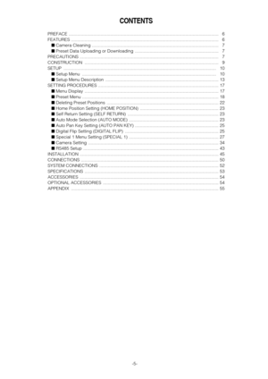 Page 5-5-
CONTENTS
PREFACE .......................................................................................................................... 6
FEATURES ........................................................................................................................ 6
Camera Cleaning ....................................................................................................... 7
Preset Data Uploading or Downloading  .......................................................................