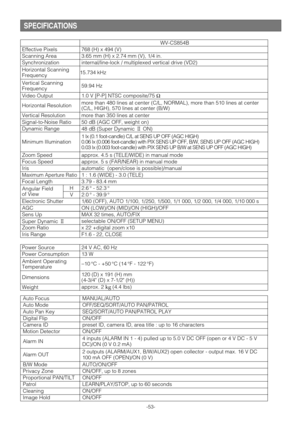 Page 53Auto Focus
Cleaning Effective Pixels
2 outputs (ALARM/AUX1, B/W/AUX2) open collector - output max. 16 V DC 
100 mA OFF (OPEN)/ON (0 V) Alarm OUT4 inputs (ALARM IN 1 - 4) pulled up to 5.0 V DC OFF (open or 4 V DC - 5 V
DC)/ON (0 V 0.2 mA) Alarm IN
Power Source
MANUAL/AUTO
OFF/SEQ/SORT/AUTO PAN/PATROL
SEQ/SORT/AUTO PAN/PATROL PLAY
ON/OFF
preset ID, camera ID, area title : up to 16 characters
ON/OFF
AUTO/ON/OFF
ON/OFF, up to 8 zones
ON/OFF
LEARN/PLAY/STOP, up to 60 seconds
ON/OFF
Image Hold ON/OFF Auto...