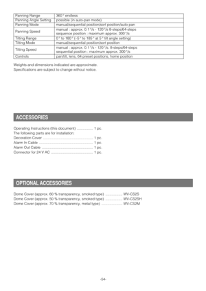 Page 54-54-
Controls Panning Range
Weights and dimensions indicated are approximate.
Specifications are subject to change without notice.360°endless
possible (in auto-pan mode)
manual/sequential position/sort position/auto pan
manual : approx. 0.1°/s - 120°/s 8-steps/64-steps
sequence position : maximum approx. 300°/s
0°to 180°(–5°to 185°at 5°tilt angle setting)
manual/sequential position/sort position
manual : approx. 0.1°/s - 120°/s. 8-steps/64-steps
sequential position : maximum approx. 300°/s
pan/tilt,...