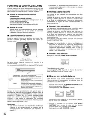 Page 6462
FONCTIONS DE CONTRÔLE DALARME
Lorsque le WV-CU161 reçoit des signaux dalarme dun site
de caméra vidéo, une alarme se déclenche. Le WV-CU161
peut prendre en charge les types dalarmes suivants.
Alarme de site de caméra vidéo de
surveillance
Communication coaxiale multiplex:
Alarme multiplexée aux signaux vidéo provenant de la
caméra vidéo de surveillance.
Communication de site RS-485
Alarme transmise par lintermédiaire de RS-485.
Alarme de borne
Alarme reçue par lintermédiaire de la prise dentrée...