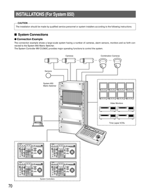 Page 6870
INSTALLATIONS (For System 850)
The installation should be made by qualified service personnel or system installers according to the following instructions.
CAUTION
System Connections
Connection Example
The connection example shows a large-scale system having a number of cameras, alarm sensors, monitors and so forth con-
nected to the System 850 Matrix Switcher.  
The System Controller WV-CU360C provides major operating functions to control the system.
Cameras Combination Cameras
Video Monitors
Time...