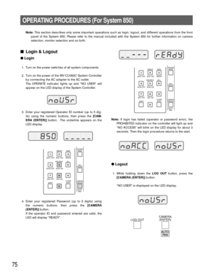 Page 7375
OPERATING PROCEDURES (For System 850)
Login & Logout
Login
1. Turn on the power switches of all system components.
2. Turn on the power of the WV-CU360C System Controller
by connecting the AC adapter to the AC outlet.
The OPERATE indicator lights up and “NO USER” will
appear on the LED display of the System Controller.
3. Enter your registered Operator ID number (up to 5 dig-
its) using the numeric buttons, then press the [CAM-
ERA (ENTER)]button.  The underline appears on the
LED display.
4. Enter...