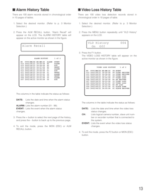 Page 1313
■ Alarm History Table
There are 100 alarm records stored in chronological order
in 10 pages of tables.
1. Select the desired monitor. (Refer to p. 3 Monitor
Selection.)
2. Press the ALM RECALL button. Alarm Recall will
appear on the LCD. The ALARM HISTORY table will
appear on the active monitor as shown in the figure.
The columns in the table indicate the status as follows:
DATE:Lists the date and time when the alarm status
changes.
ALARM:Lists the alarm number (01 - 99).
EVENT:Lists the event when...