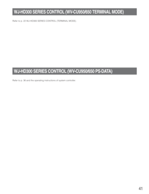 Page 4141
WJ-HD300 SERIES CONTROL (WV-CU950/650 TERMINAL MODE)
WJ-HD300 SERIES CONTROL (WV-CU950/650 PS·DATA)
Refer to p. 22 WJ-HD300 SERIES CONTROL (TERMINAL MODE).
Refer to p. 36 and the operating instructions of system controller. 