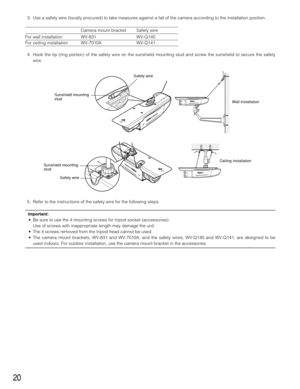 Page 2020
3. Use a safety wire (locally procured) to take measures against a fall of the camera according to the installation position.
Camera mount bracket Safety wire
For wall installation WV-831 WV-Q140
For ceiling installation WV-7010A WV-Q141
4. Hook the tip (ring portion) of the safety wire on the sunshield mounting stud and screw the sunshield to secure the safety
wire. 
5. Refer to the instructions of the safety wire for the following steps. 
Important:
• Be sure to use the 4 mounting screws for tripod...