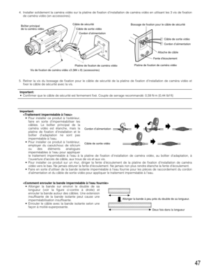 Page 4747
4. Installer solidement la caméra vidéo sur la platine de fixation dinstallation de caméra vidéo en utilisant les 3 vis de fixation
de caméra vidéo (en accessoires).
5. Retirer la vis du bossage de fixation pour le câble de sécurité de la platine de fixation dinstallation de caméra vidéo et
fixer le câble de sécurité avec la vis.
Important:•Confirmer que le câble de sécurité est fermement fixé. Couple de serrage recommandé: 0,59 N·m {0,44 lbf·ft}
Important:
•Pour installer ce produit à lextérieur,...