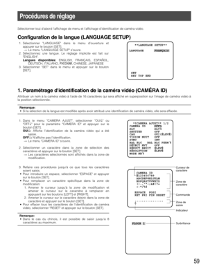 Page 5959
Procédures de réglage
Sélectionner tout dabord laffichage de menu et laffichage didentification de caméra vidéo. 
Configuration de la langue (LANGUAGE SETUP)
1. Sélectionner LANGUAGE dans le menu douverture et
appuyer sur le bouton [SET].
→Le menu LANGUAGE SETUP souvre.
2. Sélectionnez une langue. Le réglage implicite est fait sur
ENGLISH.
Langues disponibles:ENGLISH, FRANÇAIS, ESPAÑOL,
DEUTSCH, ITALIANO, êìëëäàâ, CHINESE, JAPANESE
3. Sélectionner SET dans le menu et appuyer sur le bouton
[SET].
1....