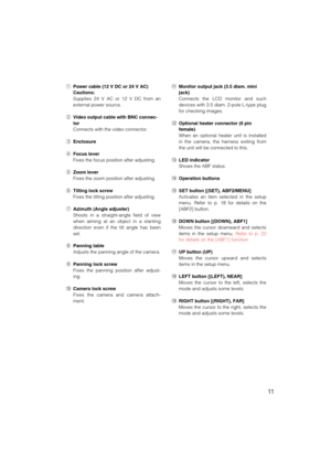 Page 1111
qPower cable (12 V DC or 24 V AC)
Cautions:
Supplies 24 V AC or 12 V DC from an
external power source.
wVideo output cable with BNC connec-
tor
Connects with the video connector.
eEnclosure
rFocus lever
Fixes the focus position after adjusting.
tZoom lever
Fixes the zoom position after adjusting.
yTilting lock screw
Fixes the tilting position after adjusting.
uAzimuth (Angle adjuster)
Shoots in a straight-angle field of view
when aiming at an object in a slanting
direction even if the tilt angle has...
