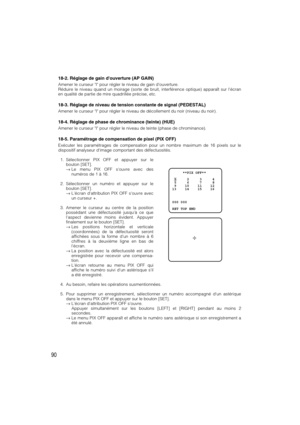 Page 9090
18-2. Réglage de gain douverture (AP GAIN)
Amener le curseur I pour régler le niveau de gain douverture.
Réduire le niveau quand un moirage (sorte de bruit, interférence optique) apparaît sur lécran
en qualité de partie de mire quadrillée précise, etc.
18-3. Réglage de niveau de tension constante de signal (PEDESTAL)
Amener le curseur I pour régler le niveau de décollement du noir (niveau du noir).
18-4. Réglage de phase de chrominance (teinte) (HUE)
Amener le curseur I pour régler le niveau de teinte...