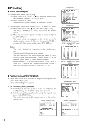 Page 1617
■Presetting
●Preset Menu Display
1.Displaying the preset menu directly
(1) Move the cursor to PRESET 1 Oand select the position num-
ber by moving the joystick to the right or left.
(2) Press the CAM (SET) key.
The preset setting menu appears on the monitor screen.
2.Displaying the preset menu from the PRESET NUMBER SET menu
(1) Move the cursor to MAP Oand press the CAM (SET) key.
The PRESET NUMBER SET menu appears on the monitor
screen.
(2) Move the cursor to the position number to be set and press...