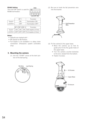 Page 5354
(2) Be sure to hook the fall prevention wire
into the bracket.
(3) Fix the camera to the upper base.
•Move the camera up so that its
guide pins fit into the guide holes of
the upper base.
•Turn the camera counter-clockwise
to the end, viewed from the bottom.
•Fasten 3 screws. Full duplex (4 line) 
*
BP 2
BP 1 Function
Switch
position
Function
Switch
position
RS485 Setting
The 4-bit DIP switch is used for
RS485 termination.
ON
OFFTermination ON
Termination OFF *
1234 ON
SW2
4-bit DIP SW
BP 3 BP 4
ON ON...