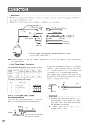 Page 5455
How to Assemble the Cable with the
Accessory Connector
Strip back the cable jacket approx. 3 mm (0.1
inch) and separate the individual conductors.
Recommended wire gauge sizes for 24 V AC line
#24
(0.22mm2) Copper wire size
(AWG)
Length
of cable
(approx.)(m)
(ft)#22
(0.33mm2)#20
(0.52mm2)#18
(0.83mm2)
20 30 45 75
65 100 160 260
Accessory Connector Information
Pin no. Power source
1
2
3
424 V AC LIVE
24 V AC NEUTRAL
Ground
Not use
ContactUp
Wire
Prepare the individual conductors for clamping.
Use MOLEX...