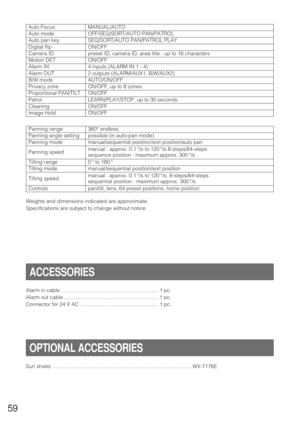 Page 5859
Controls Panning range
Weights and dimensions indicated are approximate.
Specifications are subject to change without notice.360° endless
possible (in auto-pan mode)
manual/sequential position/sort position/auto pan
manual : approx. 0.1 °/s to 120 °/s 8-steps/64-steps
sequence position : maximum approx. 300 °/s
0° to 180°
manual/sequential position/sort position
manual : approx. 0.1 °/s to 120 °/s. 8-steps/64-steps
sequential position : maximum approx. 300 °/s
pan/tilt, lens, 64 preset positions, home...