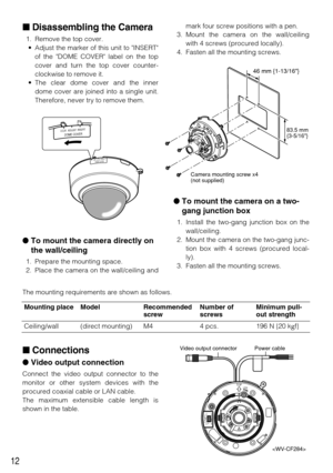 Page 12Disassembling the Camera
1. Remove the top cover.
• Adjust the marker of this unit to INSERT
of the DOME COVER label on the top
cover and turn the top cover counter-
clockwise to remove it. 
• The clear dome cover and the inner
dome cover are joined into a single unit.
Therefore, never try to remove them.
To mount the camera directly on
the wall/ceiling
1. Prepare the mounting space.
2. Place the camera on the wall/ceiling and
DOME COVERL
O
C
K
A
D
J
U
S
TI
N
S
E
R
T
DOME COVERLOCKADJUSTINSERT
mark...