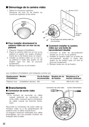 Page 281. Retirer le couvercle supérieur.Desserrer les trois vis de fixation du
couvercle supérieur et les retirer.
Pour installer directement la
camera vidéo sur un mur ou au
plafond
1. Préparer l’espace d’installation.
2. Placer la caméra vidéo sur un mur ou au
plafond et repérer les quatre emplace-
ments de vis de fixation avec un crayon.
3. Installer la caméra vidéo sur un mur ou au plafond à laide des quatre vis de
fixation (que l’on doit se procurer
localement).
4. Bloquer toutes les vis de fixation.
...