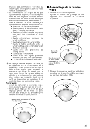 Page 31Dans ce cas, commander l’ouverture du
diaphragme en dirigeant la caméra vidéo
vers un sujet sombre.
• Le commutateur AF risque de ne pas ajuster la mise au point, ce qui aura pour
effet de faire clignoter la diode électro-
luminescente AF. Dans le cas des sujets
mentionnés ci-dessous, sélectionner ELC
avec le sélecteur de mode d’éclairage et
ajuster la mise au point en mode manuel.• Sujets de déplaçant rapidement 
• Sujets soumis à d’importantes varia- tions d’intensité lumineuse
• Sujets sous faible...