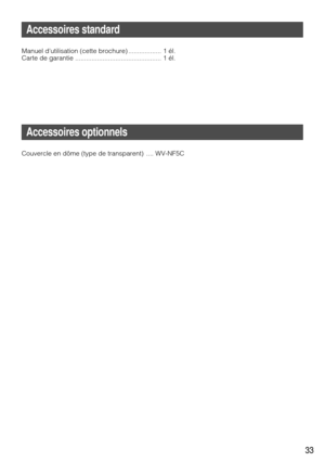 Page 3333
Accessoires standard
Manuel dutilisation (cette brochure) .................. 1 él.
Carte de garantie ............................................... 1 él.
Accessoires optionnels
Couvercle en dôme (type de transparent)  .... WV-NF5C 