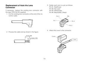 Page 14-14-
Replacement of Auto Iris Lens
Connector
If necessary, replace the existing lens connector with
the type YFE419J100 supplied.
1. Cut the existing lens connector at the end of the iris
control cable.
2. Process the cable end as shown in the figure.
Cover
Lens
8 mm (5/8)
2 mm (1/16)
3. Solder each wire to a pin as follows.
Pin #1: Red/Power
Pin #2: Not used
Pin #3: White/Video
Pin #4: Black/GND, Shield
4. Attach the cover to the connector.
Pin 3
Pin 1
Rib
Pin 4
Pin 2 