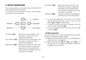 Page 202. SETUP OPERATION
This camera utilizes a user setup menu (CAM SET UP)
that is displayed on the monitor.
To set items on the CAM SET UP menu, use the follow-
ing buttons on the side panel.
Up Button (J):Moves the cursor upwards. Use
this button to select an item or
adjust the parameters.
Down Button (K):Moves the cursor downwards. Use
this button to select an item or
adjust the parameters.
Right Button (M):Moves the cursor to the right. Use
this button to select or adjust the
parameters of the selected...