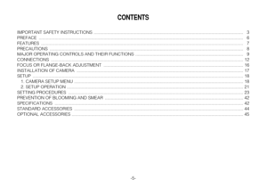 Page 5-5-
CONTENTS
IMPORTANT SAFETY INSTRUCTIONS  .......................................................................................................................... 3
PREFACE ....................................................................................................................................................................... 6
FEATURES...