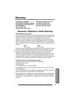 Page 5353
Useful Information
For assistance, please visit http://www.panasonic.com/phonehelp PANASONIC CONSUMER PANASONIC PUERTO RICO, INC.
ELECTRONICS COMPANY, DIVISION San Gabriel Industrial Park,
OF PANASONIC CORPORATION OF Ave. 65 de Infanter
ía, Km. 9.5,
NORTH AMERICA Carolina, Puerto Rico 00985
One Panasonic Way,
Secaucus, New Jersey 07094
Panasonic Telephone Limited Warranty
Limited Warranty Coverage
If your telephone (identified in your Operating Instructions) does not work properly 
because of a defect...