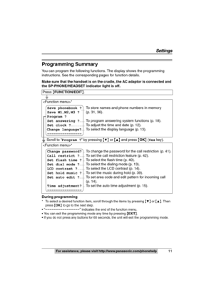 Page 11
 11
Settings
For assistance, please visit http://www.panasonic.com/phonehelp
Programming Summary
You can program the following functions. The display shows the programming 
instructions. See the corresponding pages for function details.
Make sure that the handset is on the cradle, the AC adaptor is connected and 
the SP-PHONE/HEADSET indicator light is off.
During programming
* To select a desired function item, scr oll through the items by pressing {4} or  {3}. Then 
press  {OK } to go to the next...