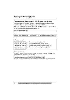 Page 18
18 
Preparing the Answering System
For assistance, please visit http ://www.panasonic.com/phonehelp
Programming Summary for the Answering System
You can program the following functions. The display shows the programming 
instructions. See the corresponding pages for function details.
Make sure that the handset is on the cradle, the AC adaptor is connected and 
the SP-PHONE/HEADSET indicator light is off.
During programming
* To select a desired function item, scroll through the items by pressing  {4} or...