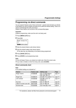 Page 17Programmable Settings
For assistance, please visit http://www.panasonic.com/consumersupport17
Programming via direct commands
You can program features using “direct commands”– special codes that take you directly 
to the feature you wish to program and allow you to select the desired setting. There is no 
need to scroll through the unit’s sub-menus.
Details of each feature can be found on the corresponding pages.
Important:
LBefore programming, make sure the unit is not being used.
1Press {MENU} ({F2}...